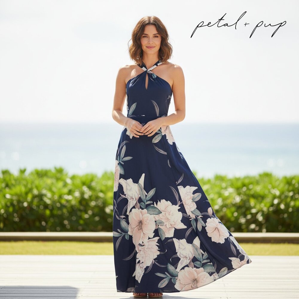 Petal & Pup Navy Floral Halter Maxi Dress